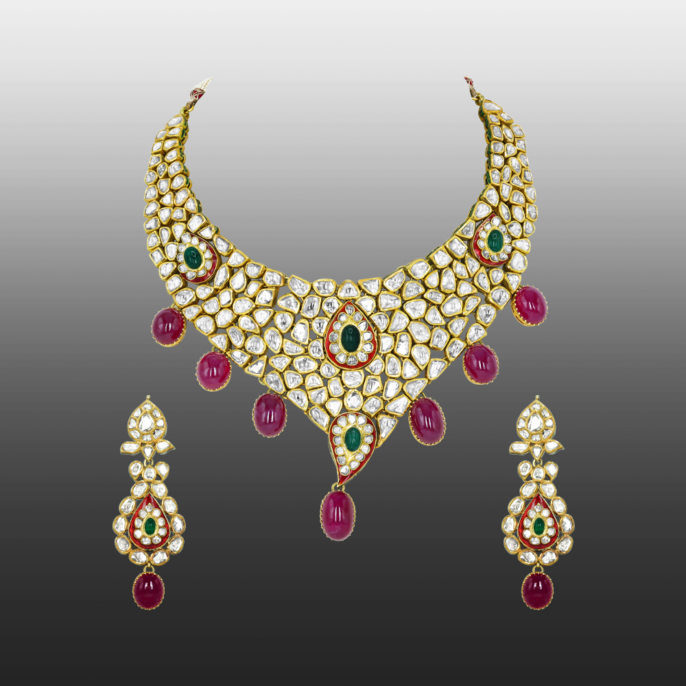 Polki Necklace Set with Emerald and Ruby Cabochons
